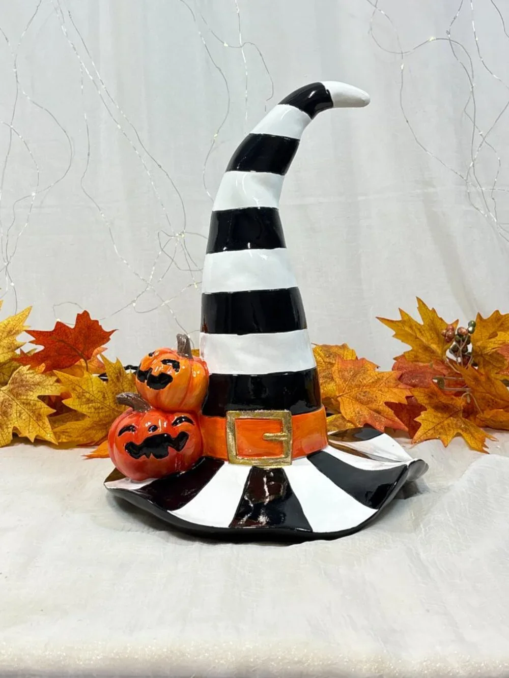 Black & White Striped Witch Hat Halloween Décor McKenzie Inspired Tabletop New